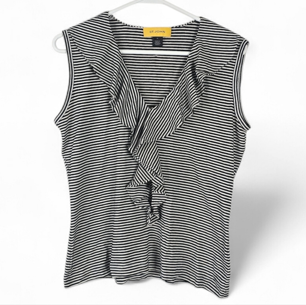 St John Ruffle Front Sleeveless Black/White Striped Top M Nautical Casual
